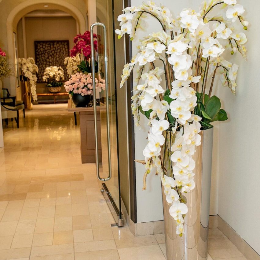 Cascading Phalaenopsis Orchids in Tapered Stainless Steel Polished Cone