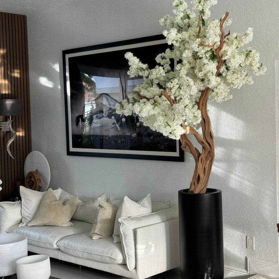Matte Black St. Tropez Planter with Custom Made White Cherry Blossom Tree