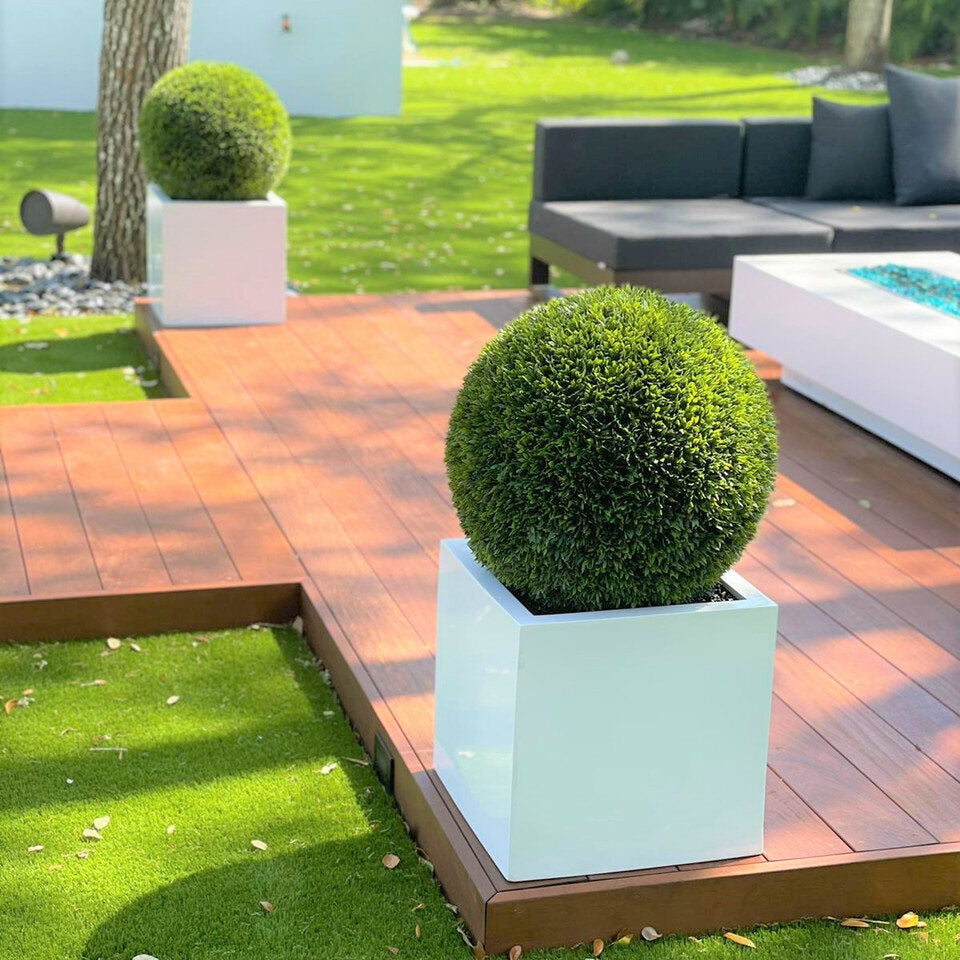Medium Block Fiberglass Planter with 20″ Topiary