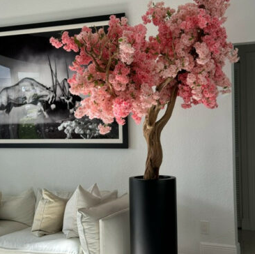 Matte Black St. Tropez Planter with Custom-Made Pink Cherry Blossom Tree