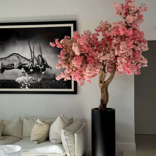 Matte Black St. Tropez Planter with Custom-Made Pink Cherry Blossom Tree