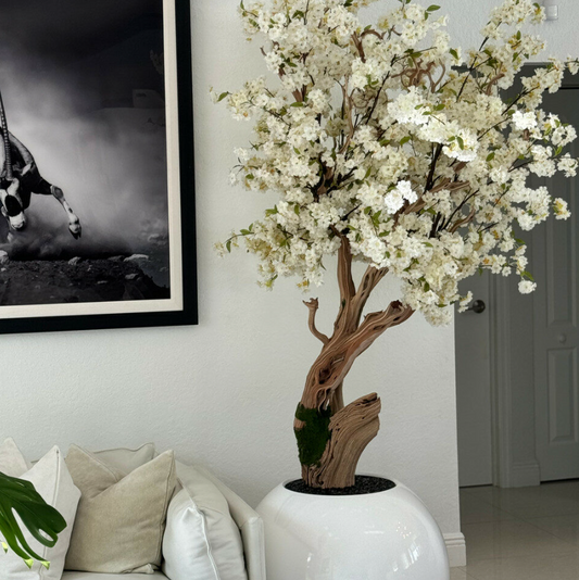 Glossy White Globe with Custom Made Cherry Blossom Tree