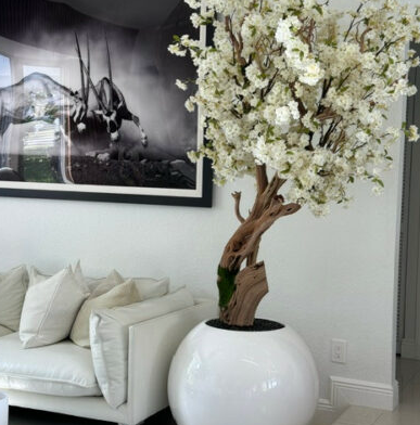 Glossy White Globe with Custom Made Cherry Blossom Tree