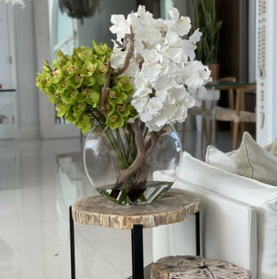 Lunar Vase with White Vanda Orchids and Green Cymbidiums.