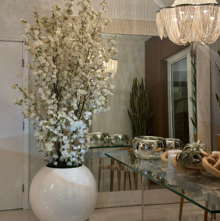 76 cm Glossy White Spherical Vase with White Cherry Blossom Branches