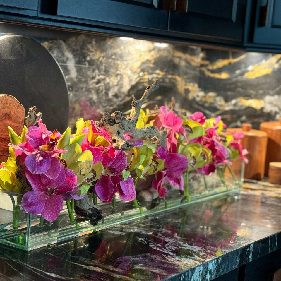 Casa Moderna Glass Planter With Pink Vandas And Green Cymbidiums