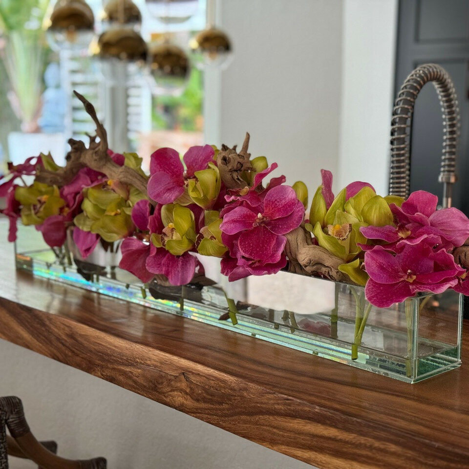 Casa Moderna Glass Planter With Pink Vandas And Green Cymbidiums