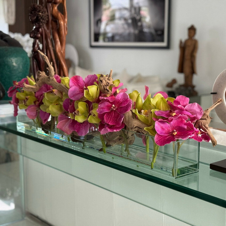 Casa Moderna Glass Planter With Pink Vandas And Green Cymbidiums
