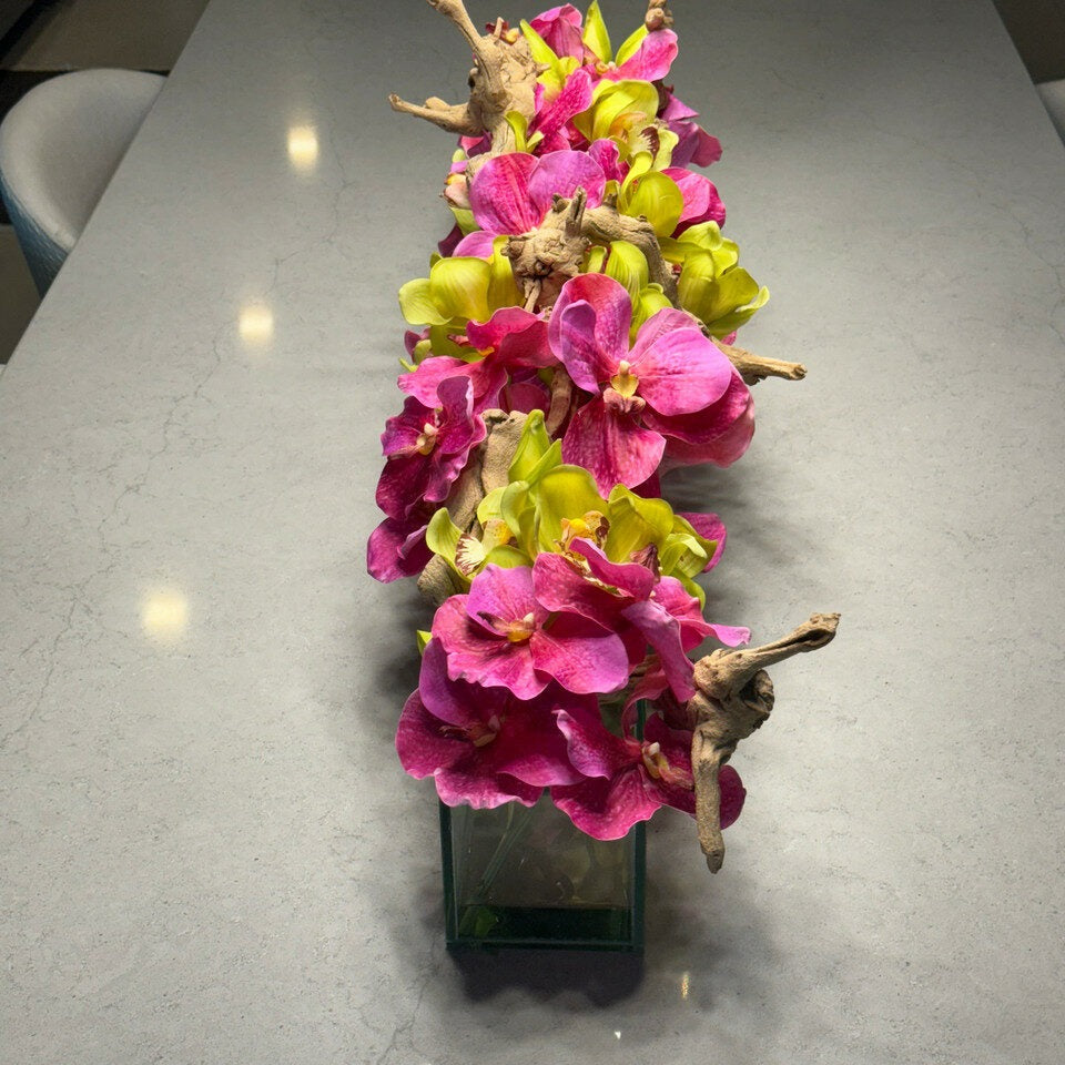 Casa Moderna Glass Planter With Pink Vandas And Green Cymbidiums