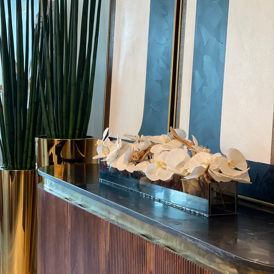 48″ Casa Moderna Black Tinted Glass Plate Planter with white Phalaenopsis orchids